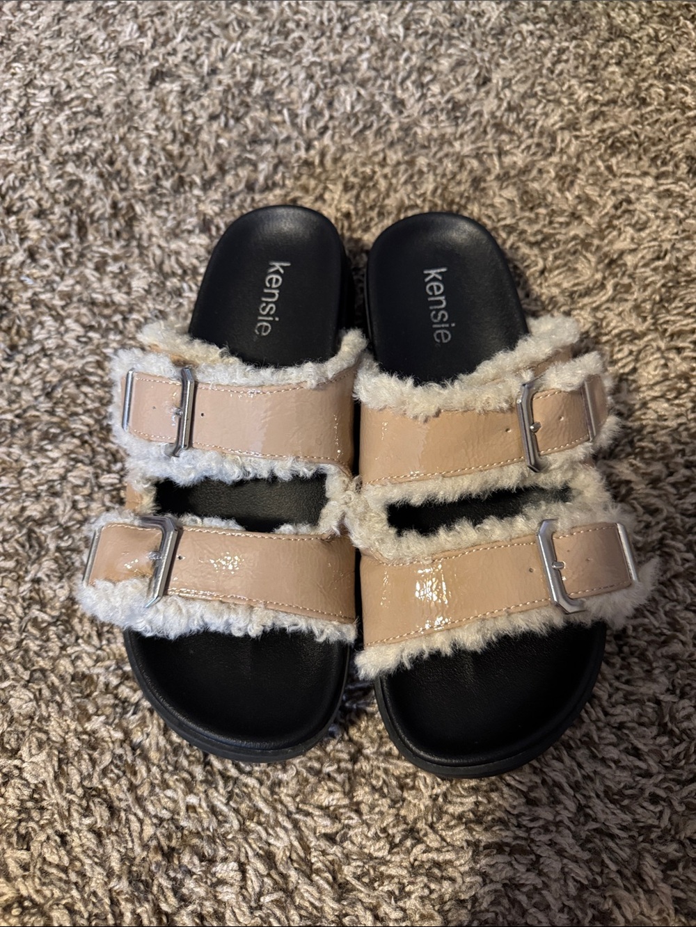 kensie Beige Faux-Fur Double Strap Slide Sandals